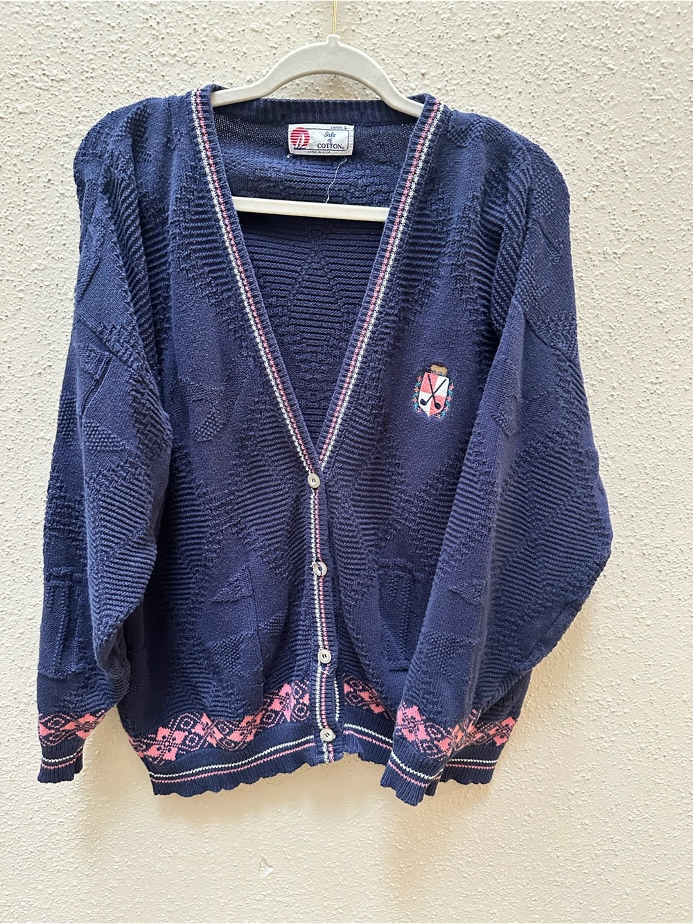 Vintage Women’s Cotton Preppy Golf Crest Grandpa Cardigan Navy Blue Pink Large